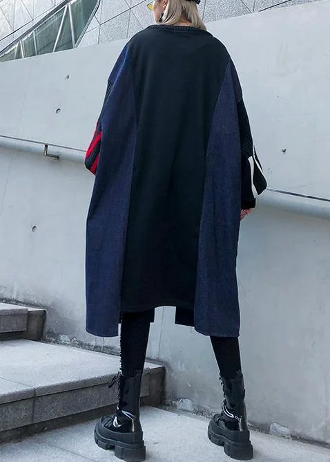 Vintage black patchwork denim blue Sweater dresses Quotes pockets baggy sweater dresses - Image 4